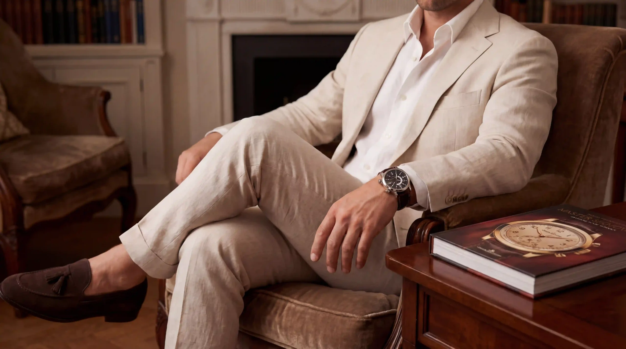 persona seduta su una poltrona con un libro di orologi su un tavolo