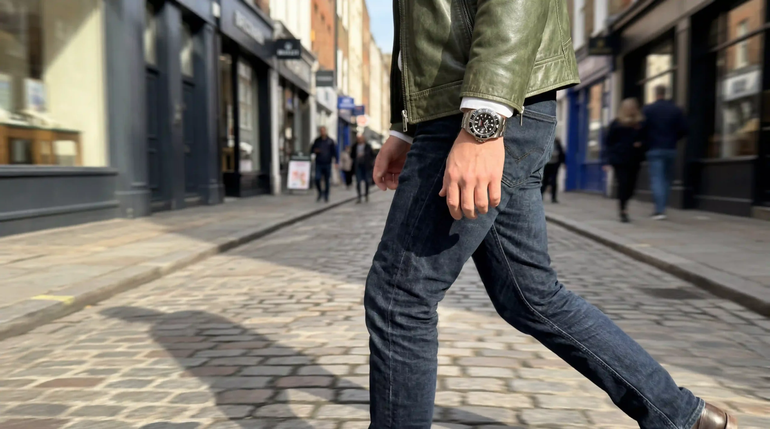 persona che cammina con un giacchetto di pelle con orologio al polso
