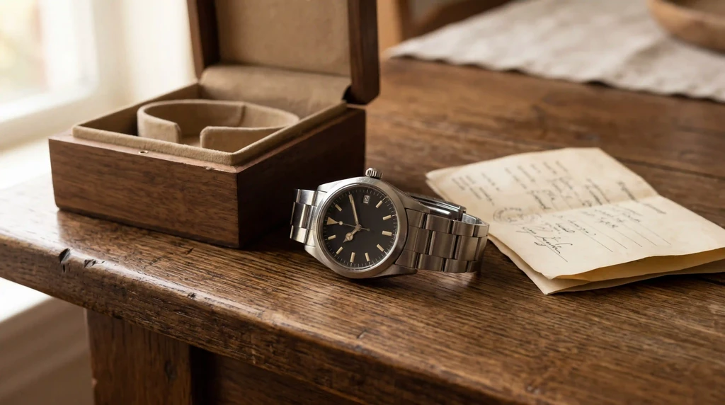 orologio e scatola su un piano di legno