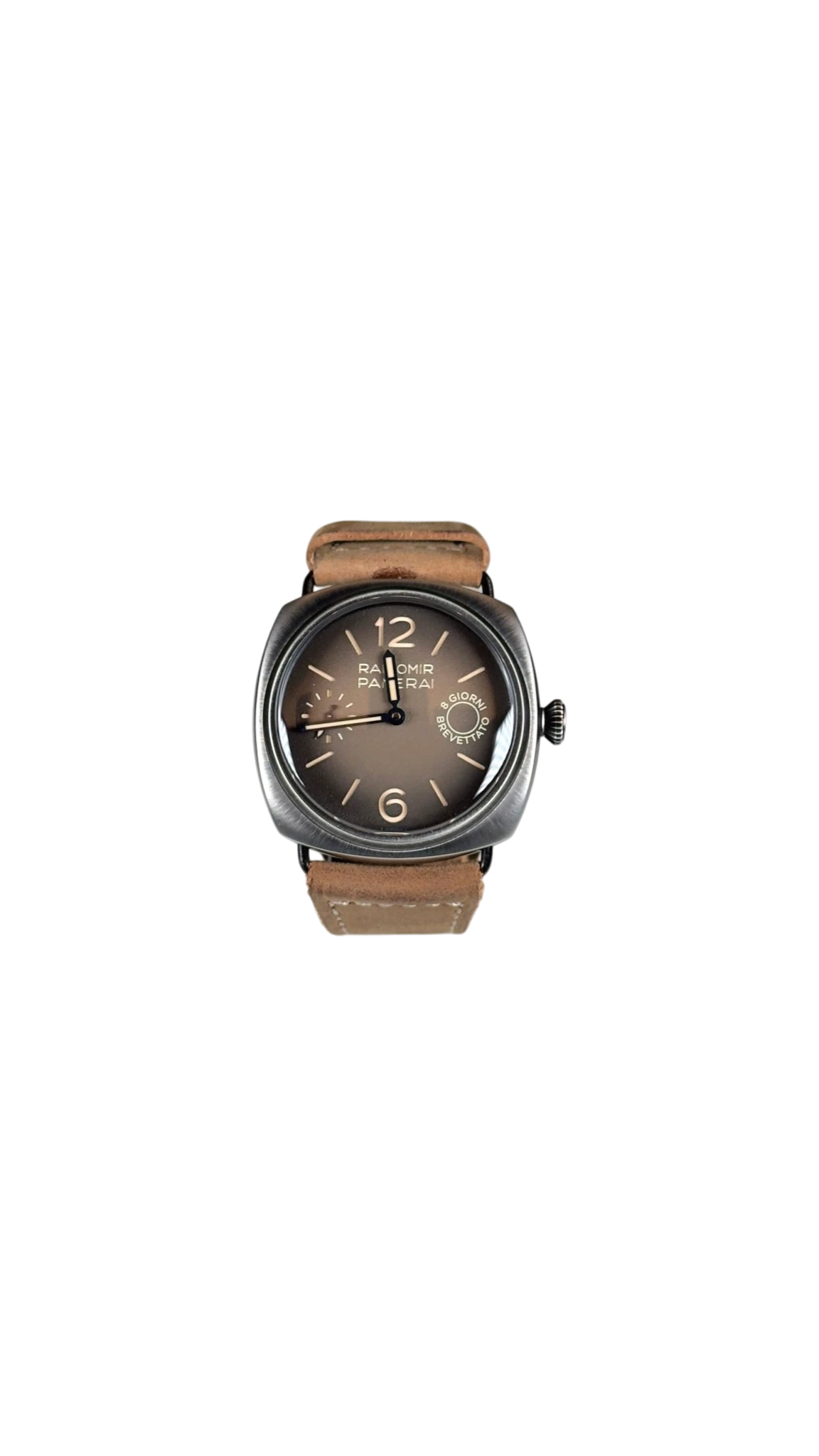 orologio in lega di metalli brevettata da Panerai con cinturino di pelle e quadrante marrone