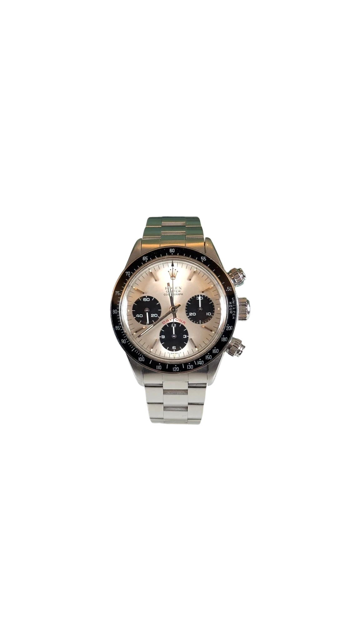 orologio vintage d'acciaio con quadrante argento e ghiera nera bachelite